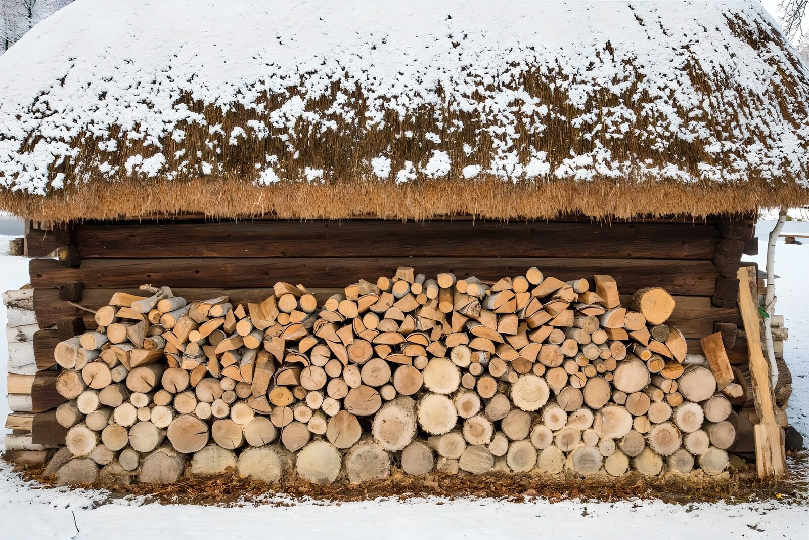 Holzlager unter Schnee