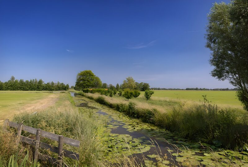 Ruhige Landschaft mit Wasserweg und Wiesen