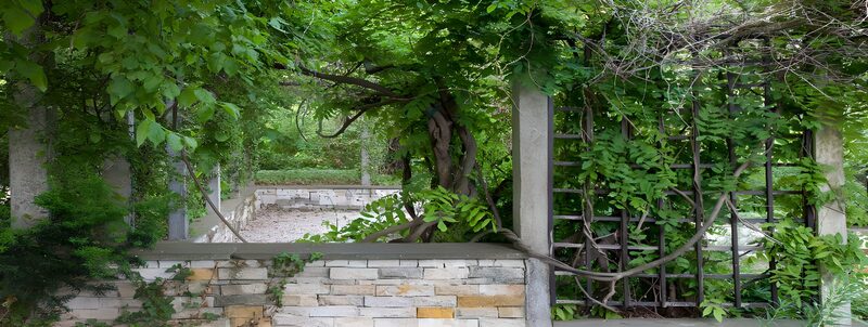 Grüner Garten mit Mauer und Gitter