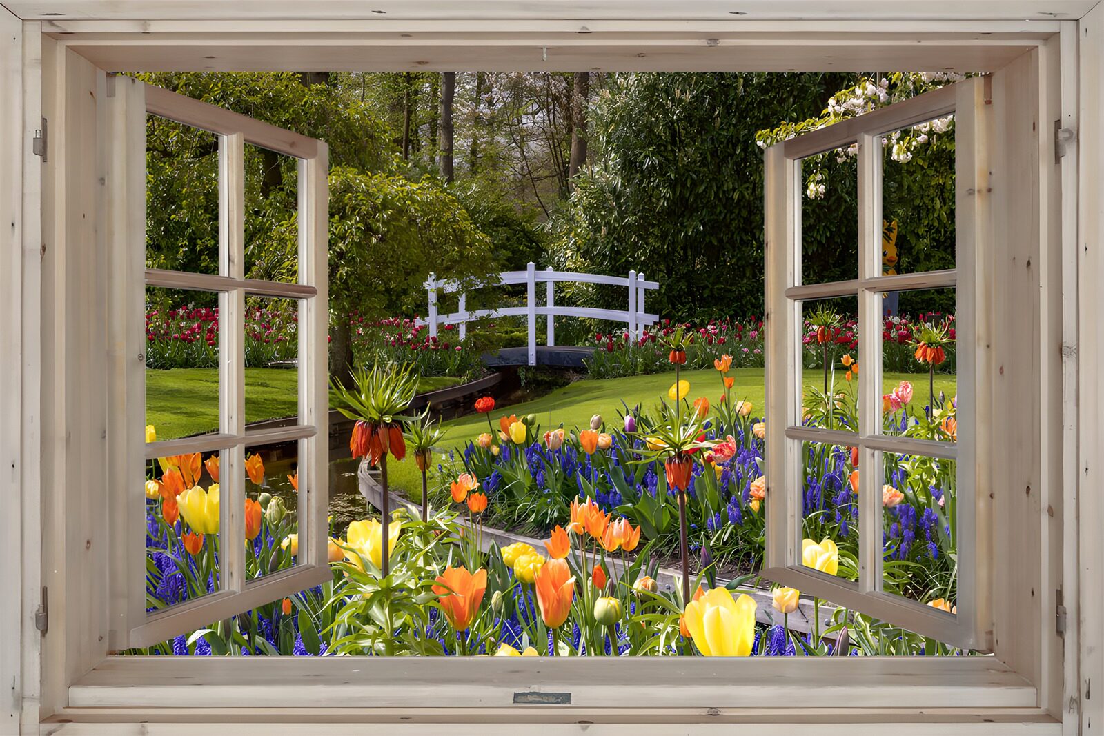 Blühende Blumenlandschaft durch das Fenster