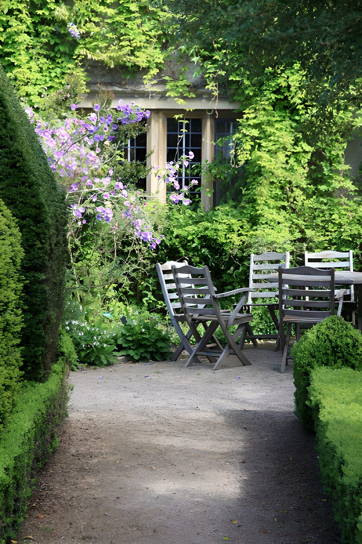 Idylle im Garten mit blühenden Pflanzen