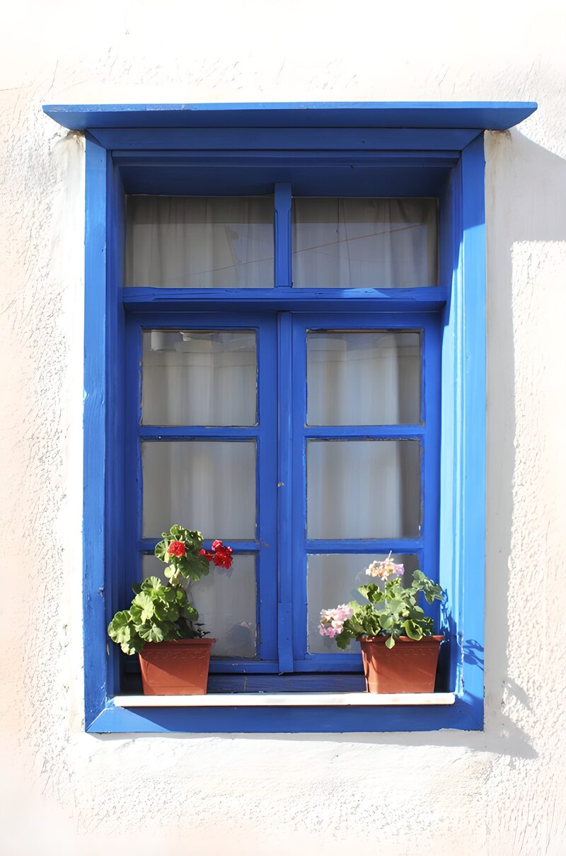 Blaues Fenster mit Blumen