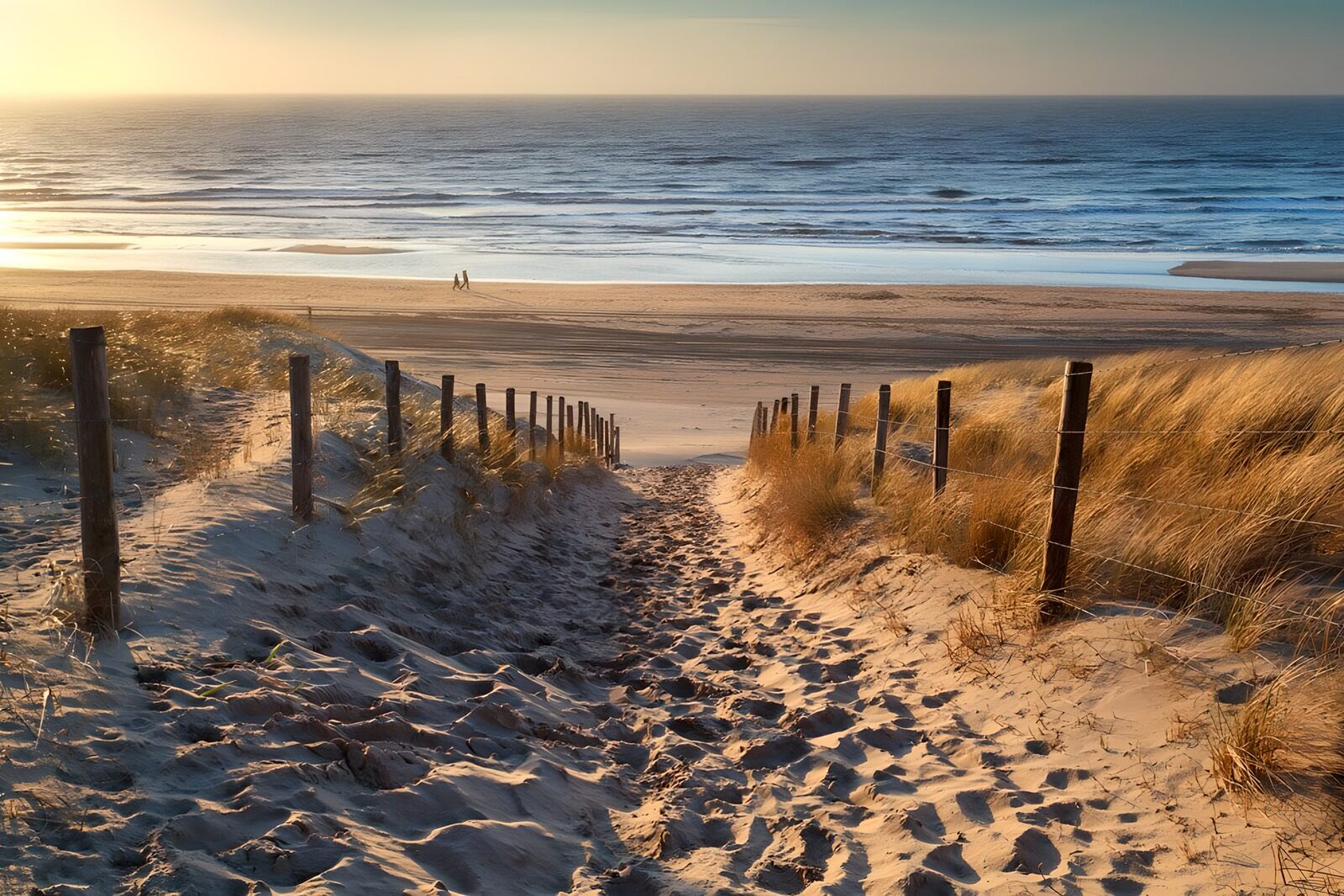 Sandweg zum Strand bei Sonnenuntergang