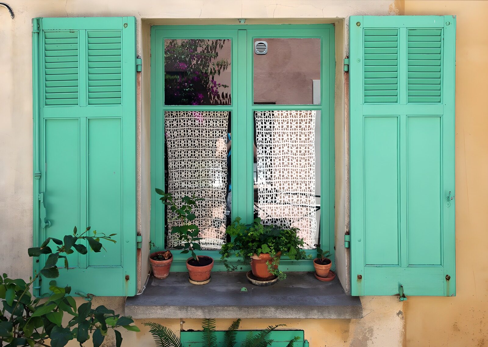 Grünes Fenster mit Pflanzen