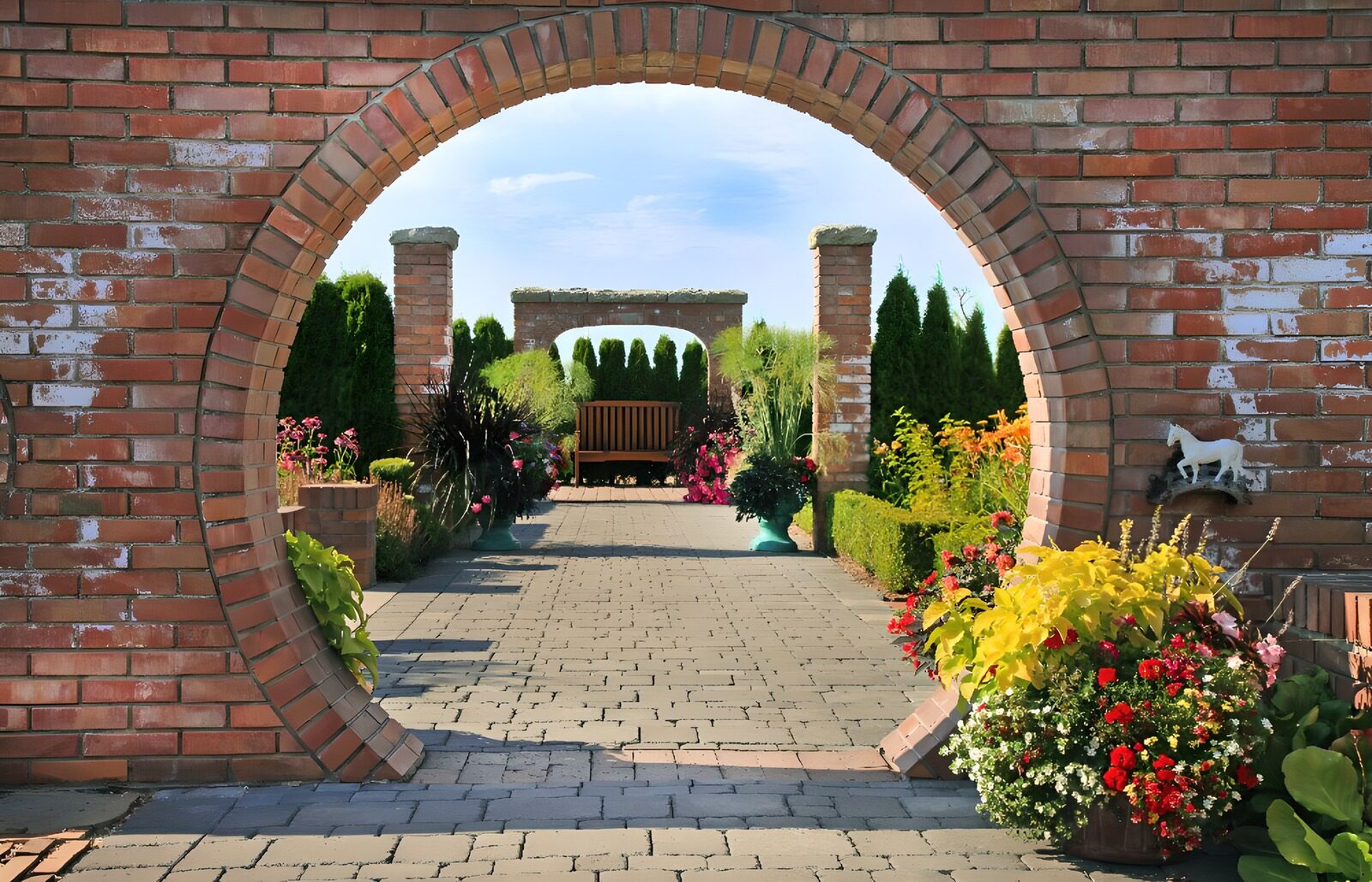 Gartenweg durch einen Ziegelbogen