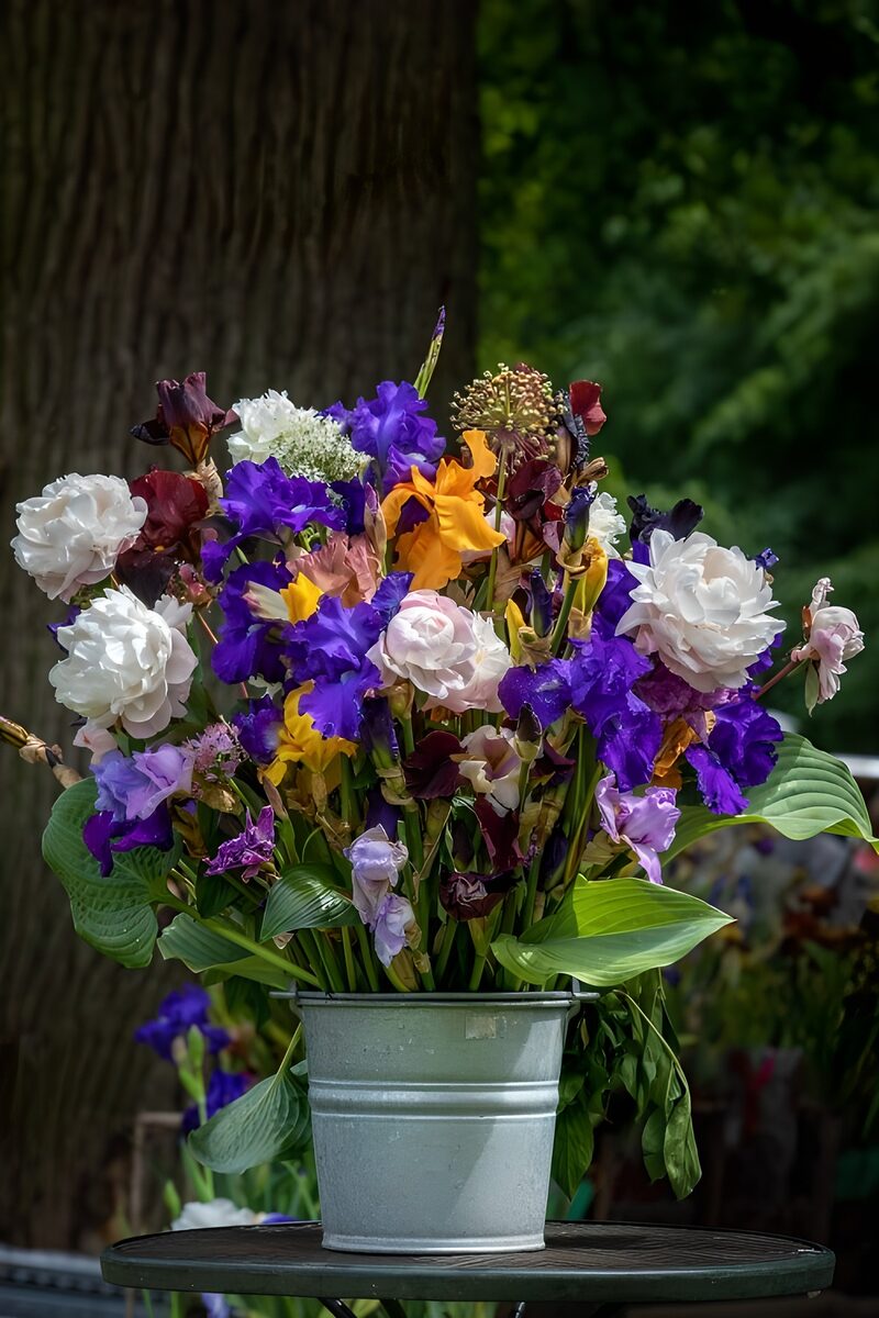 Farbenfrohe Blumen im Eimer