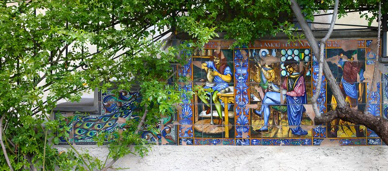 Buntes Wandbild mit Handwerkern