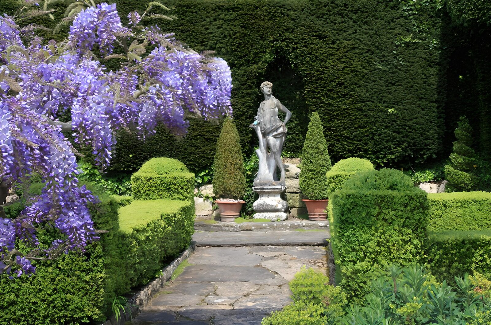 Sicht auf den Garten mit Statue und Wisteria