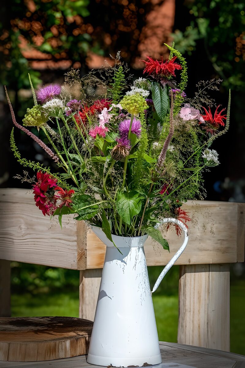 Bunte Blumen in einer weißen Kanne