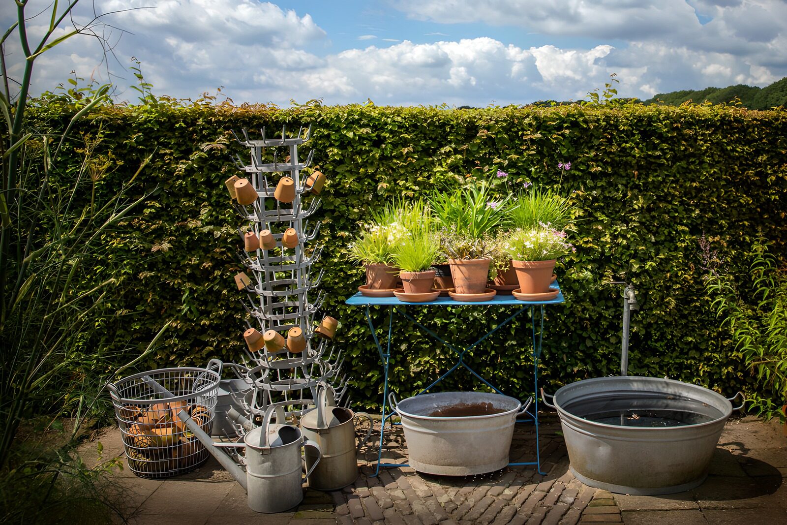 : Gartenwerkzeuge und Blumentöpfe