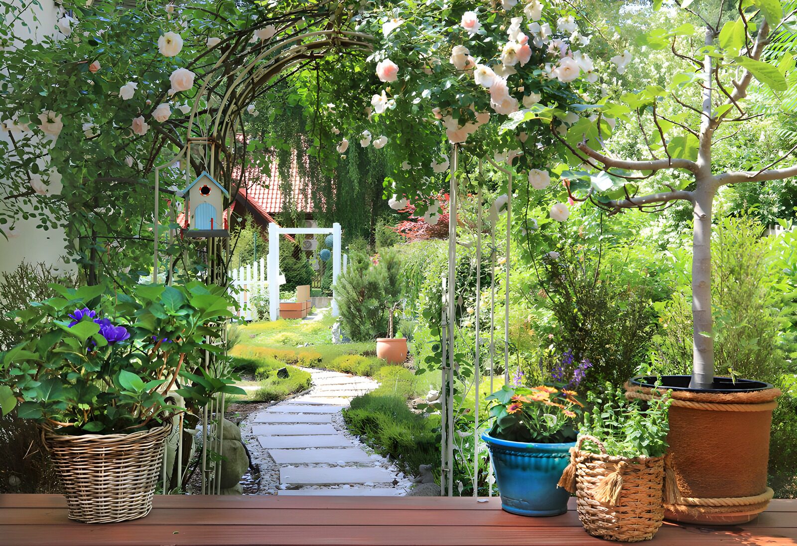 Wunderschöner Gartenweg mit Rosenbogen