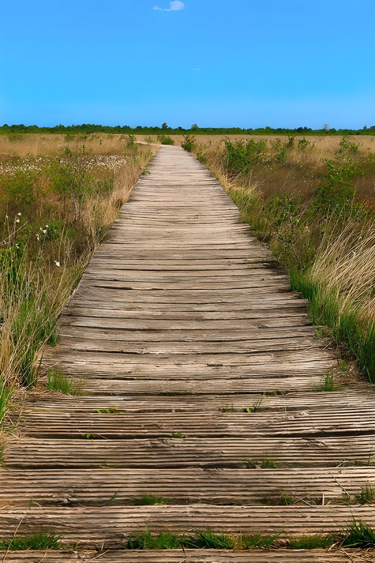 Holzweg durch die weite Landschaft