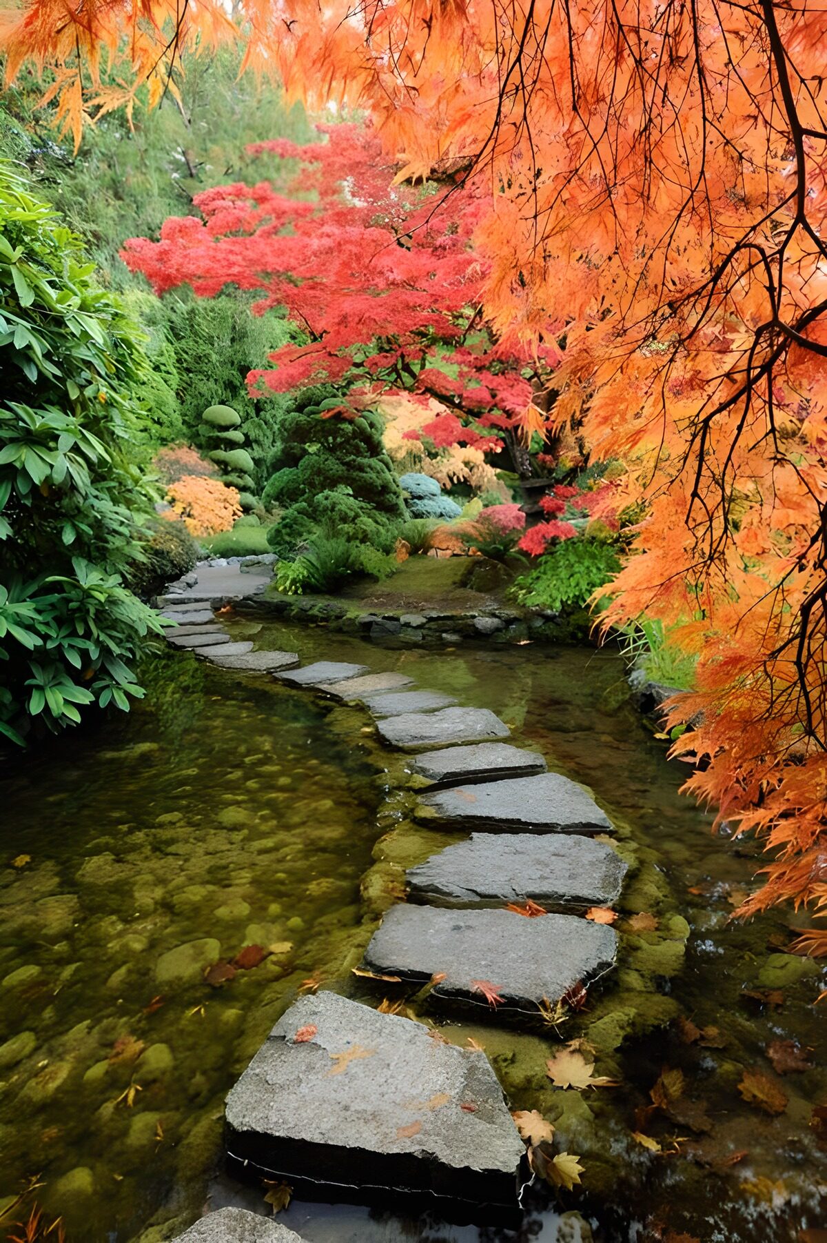 Ruhiger Garten mit bunten Herbstfarben