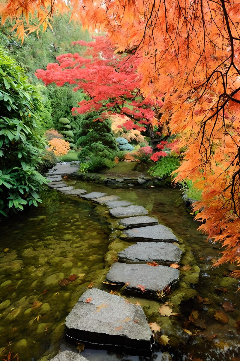 Ruhiger Garten mit bunten Herbstfarben
