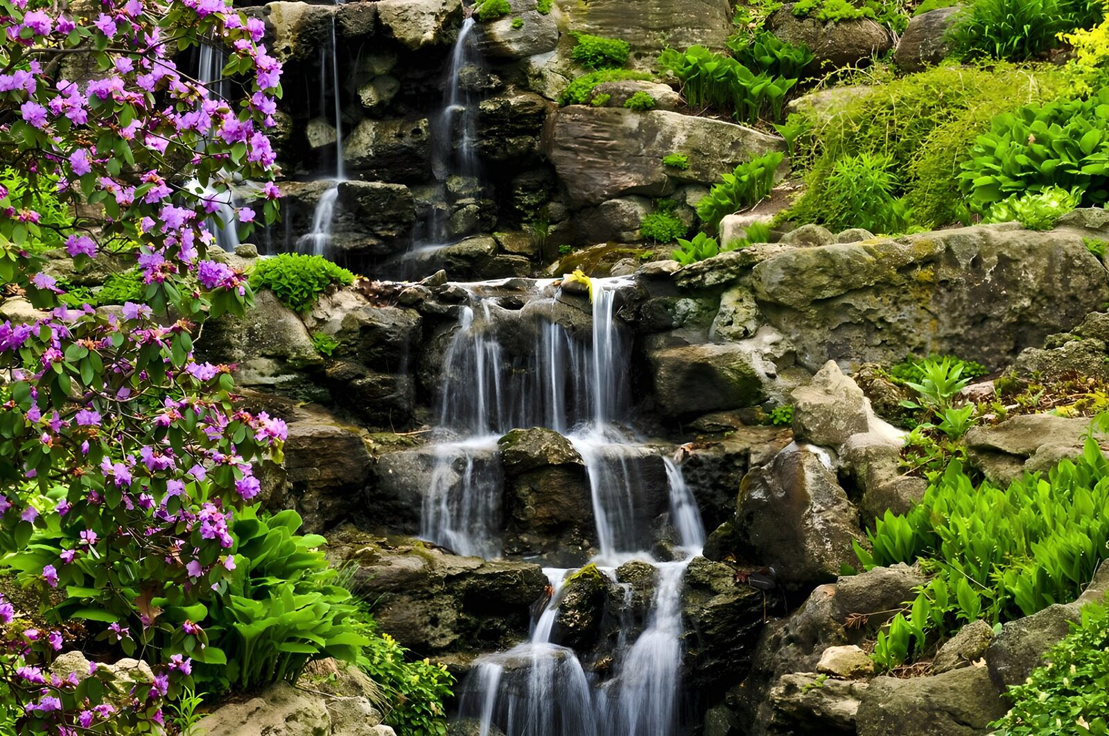 Wasserfall im blühenden Garten