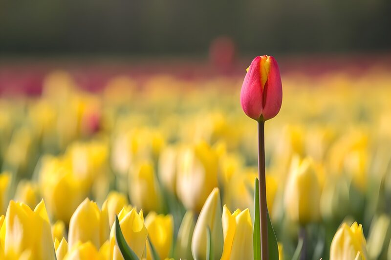 Einzelne rote Tulpe im Gelbmeer