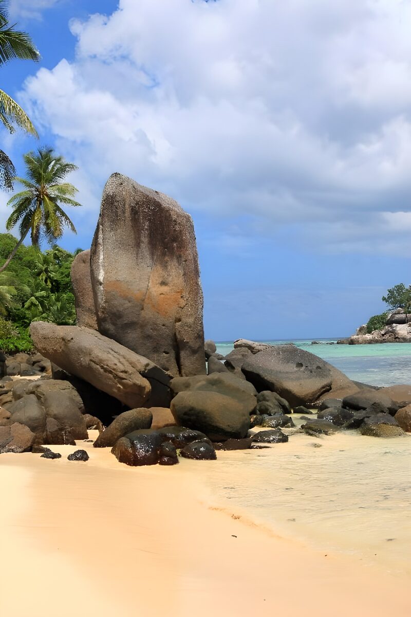 Strand mit Felsen und Palmen