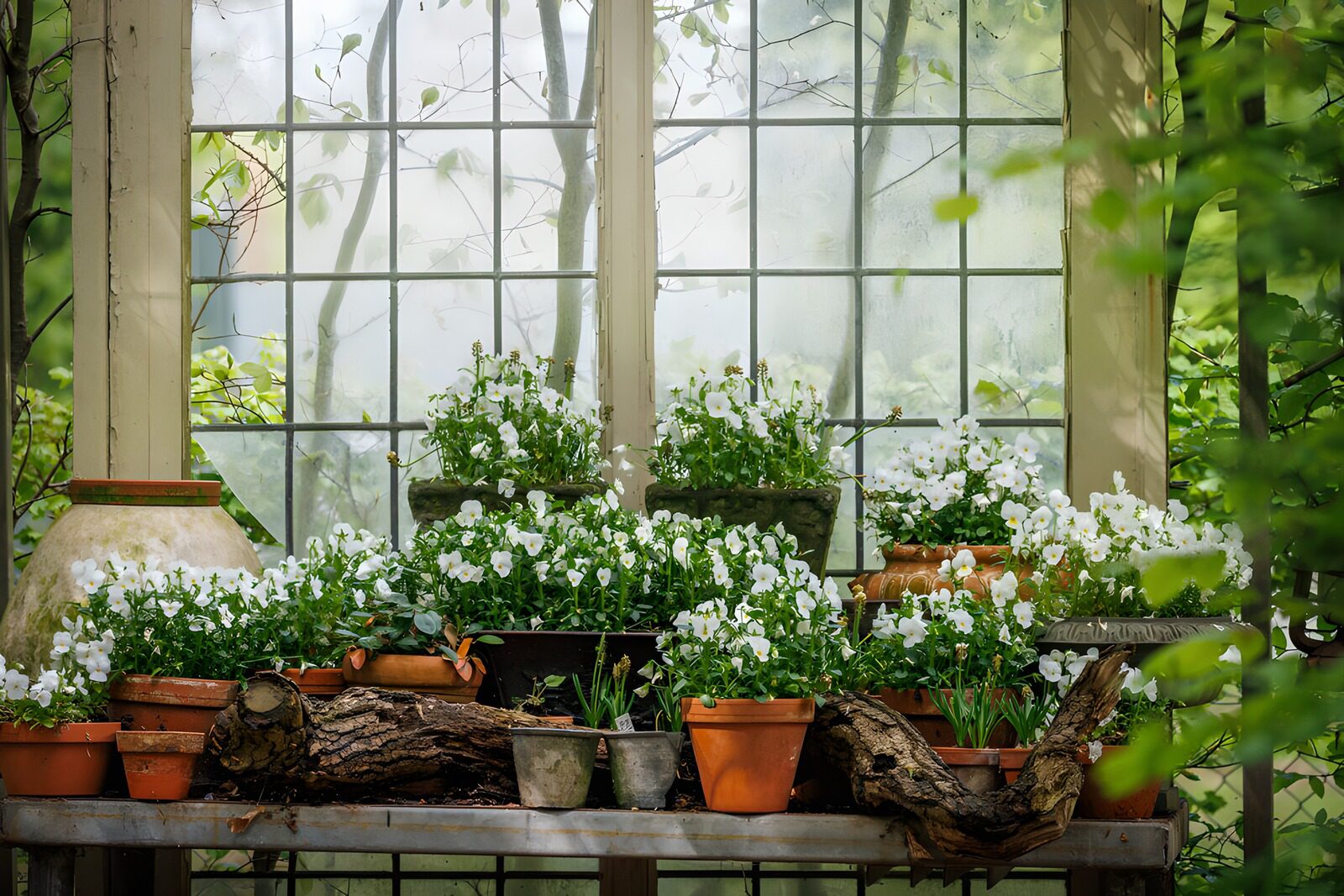 Blühendes Gewächshaus mit weißen Blumen