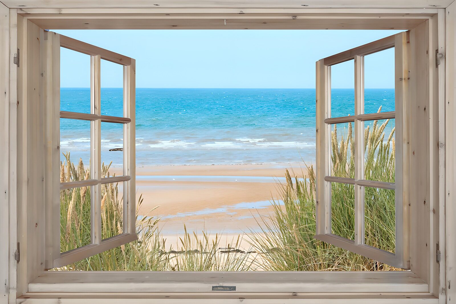 Ausblick auf den Strand durch ein Fenster