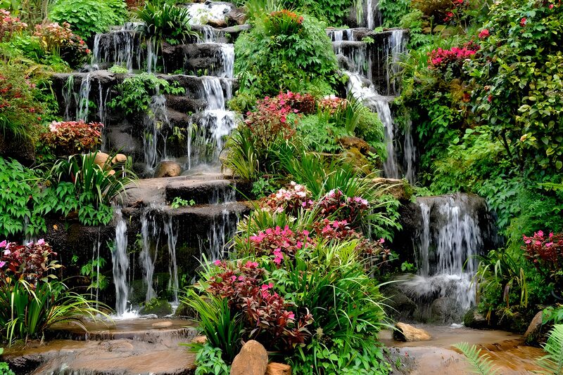 Malerischer Wasserfall mit Blumen