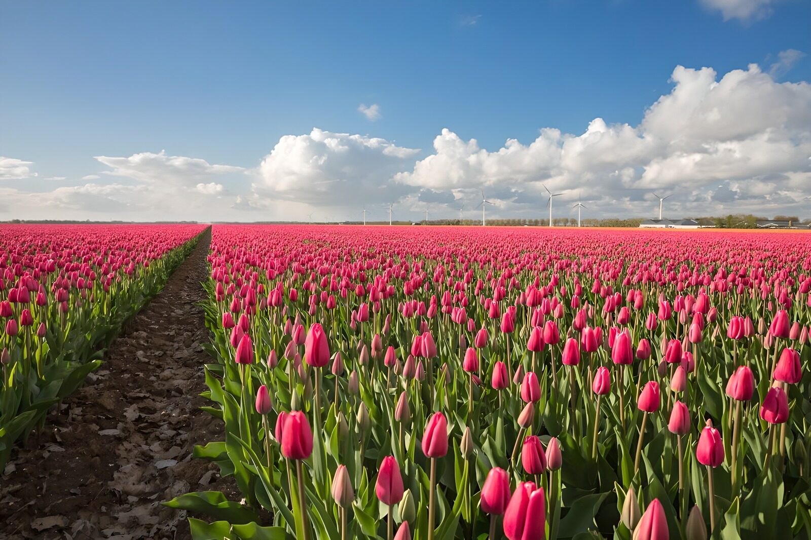 Blühende rosa Tulpenfelder im Frühling