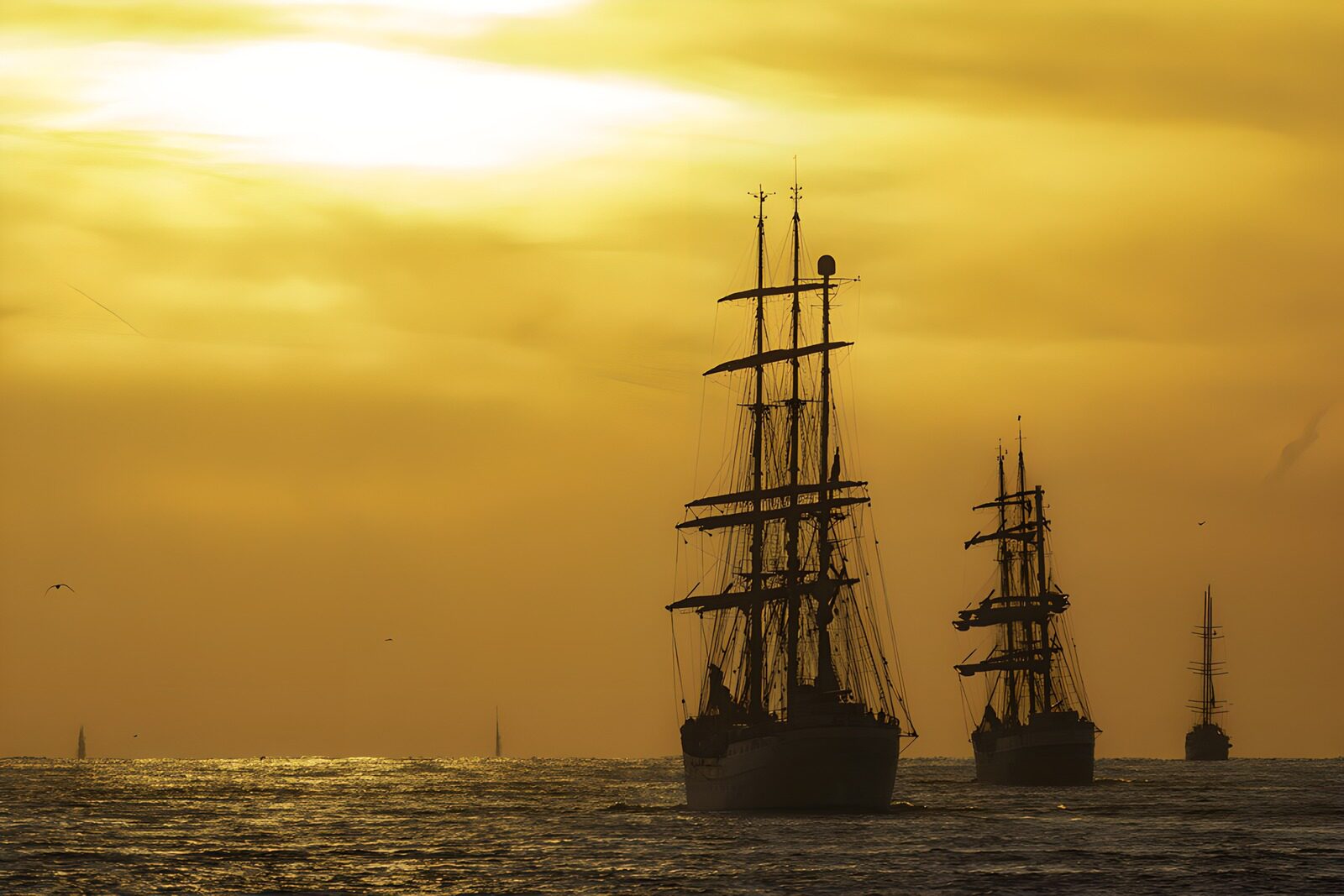 Segelschiffe im goldenen Sonnenuntergang