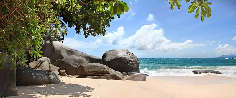 Traumstrand mit Felsen und Palmen