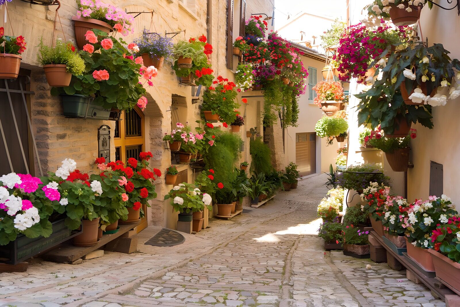 Blumenreiche Gasse in der Sonne