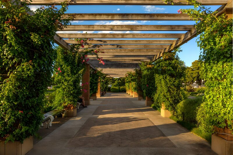 Schattiger Gartenweg unter Holzpavillon