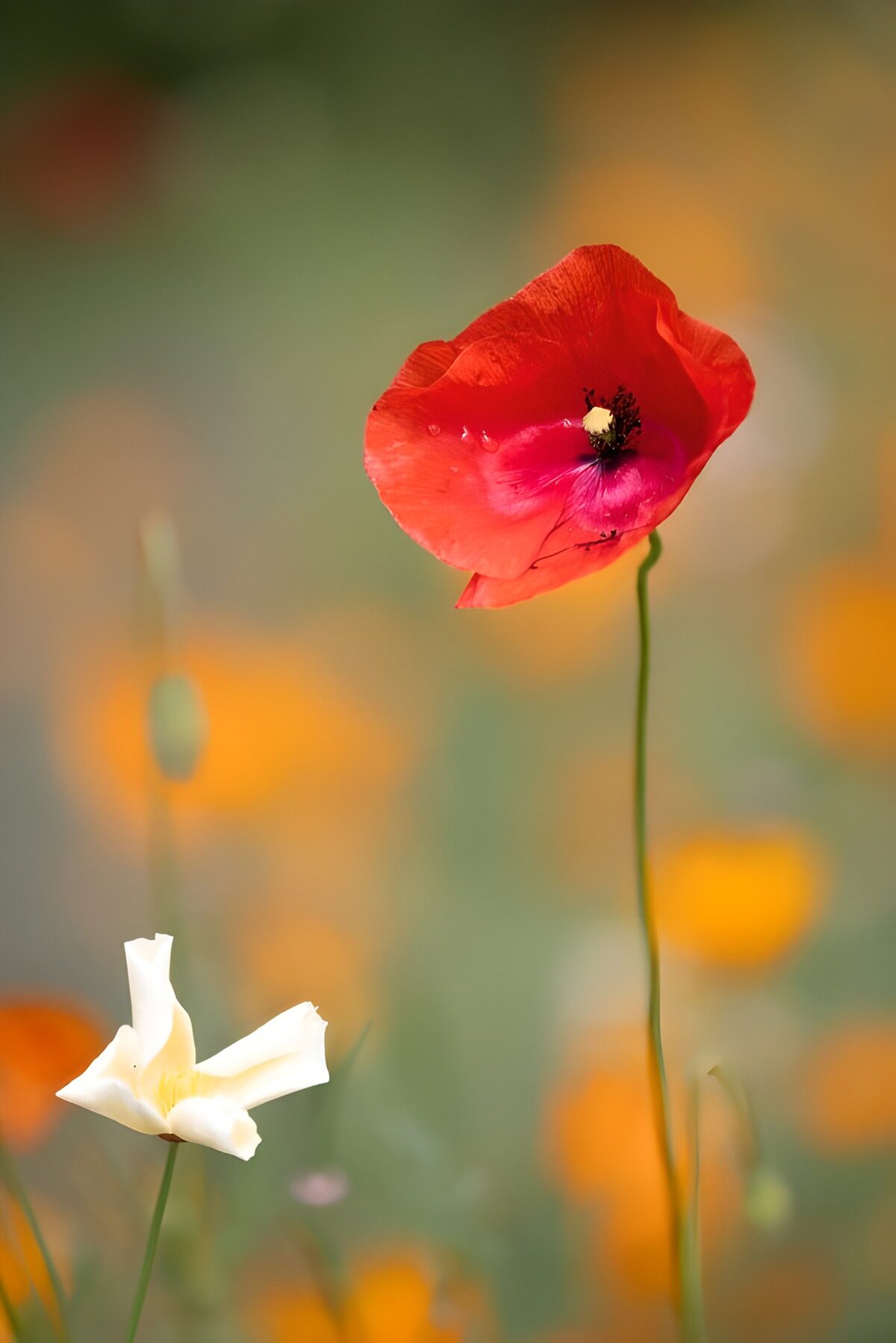 Rote und weiße Blumen im Frühlingsfeld