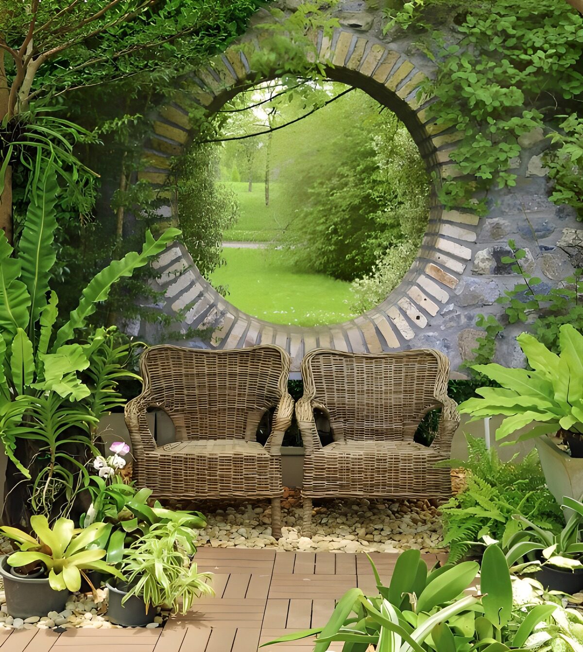 Ruhiger Gartenblick durch einen Rundbogen