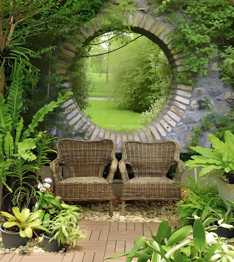 Ruhiger Gartenblick durch einen Rundbogen