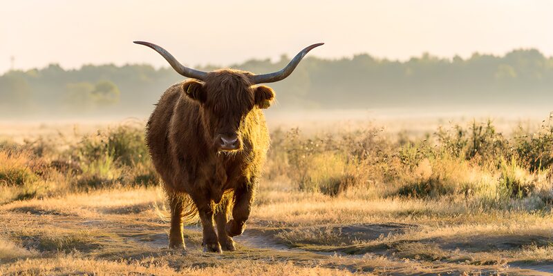 Highland-Rind in der Morgenlandschaft