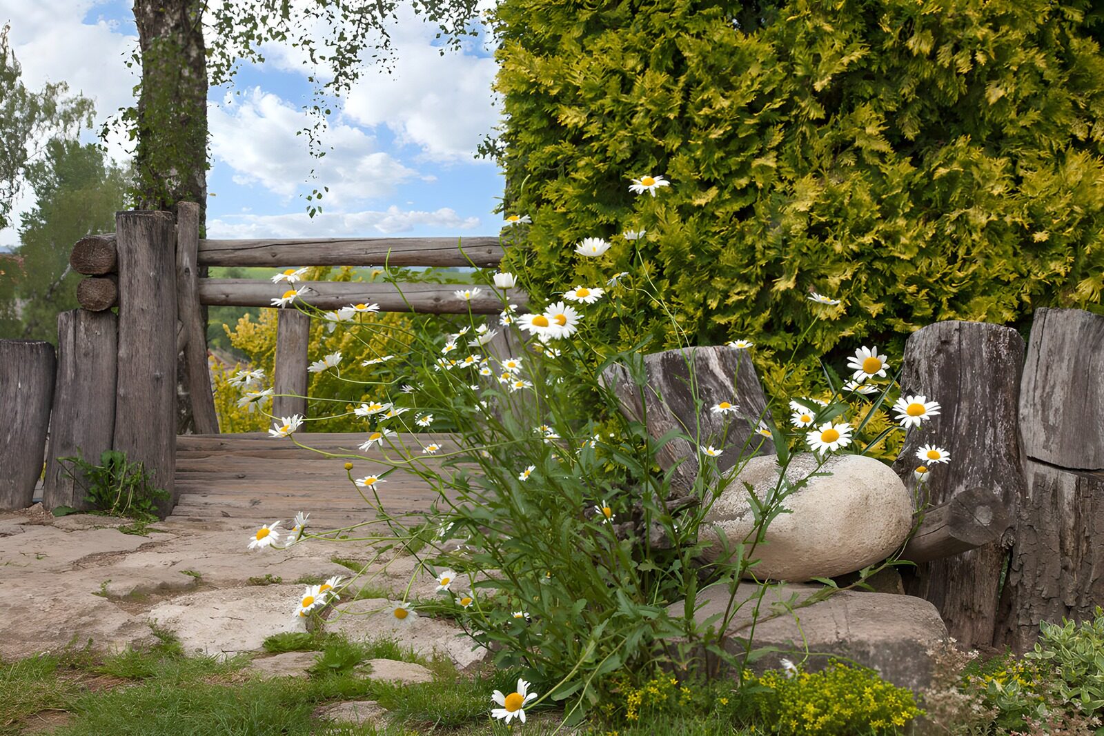 Blühender Gartenweg mit Holzbrücke