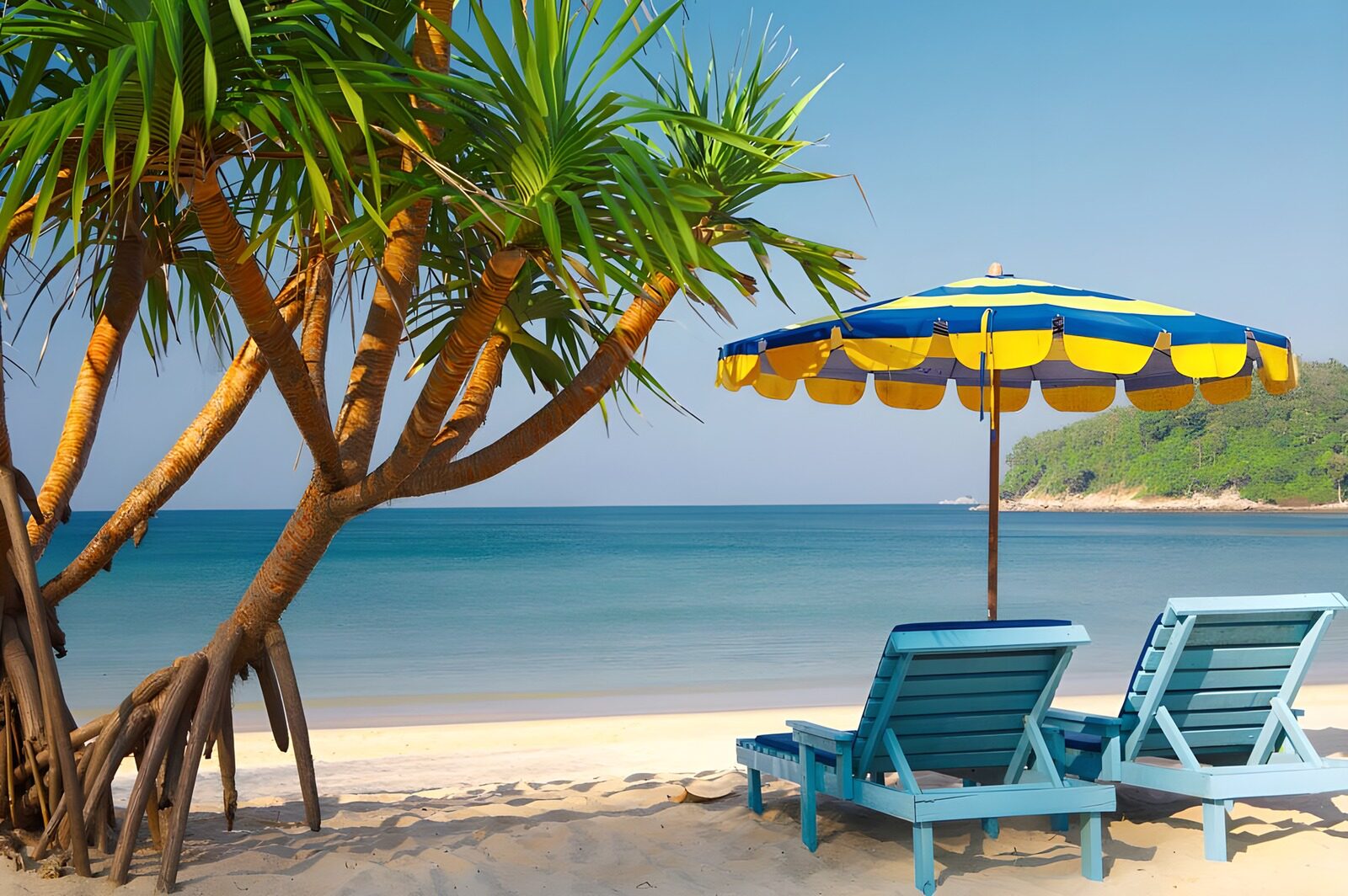 Traumhafter Strand mit Liegen und Sonnenschirm