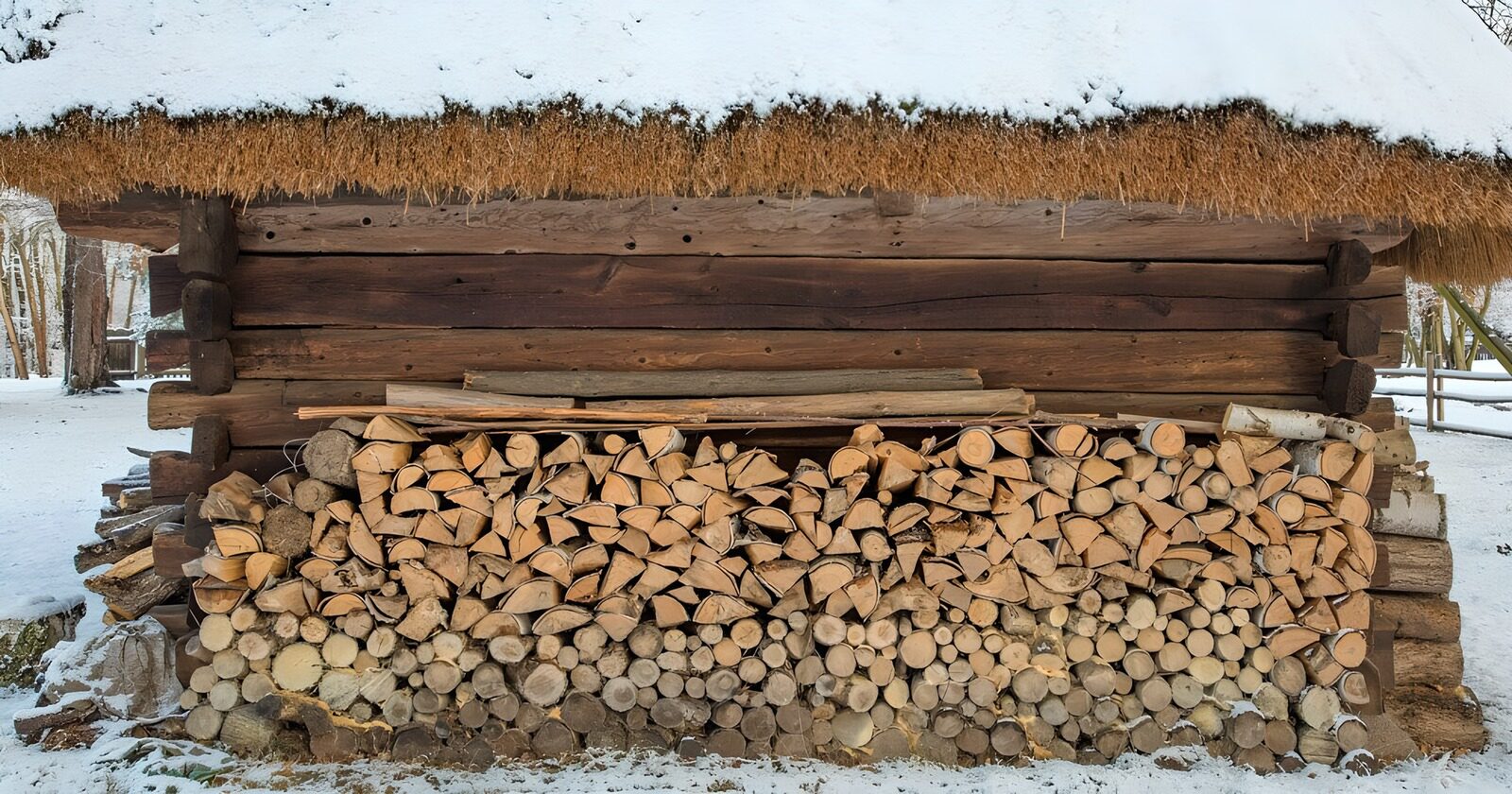 Hütten mit Holzstapel im Schnee