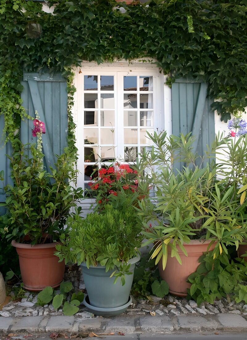 Grünes Fenster mit Blumentöpfen