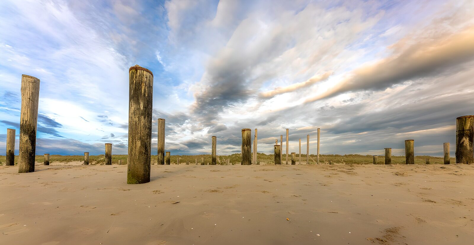 Verlassene Pfähle am Strand