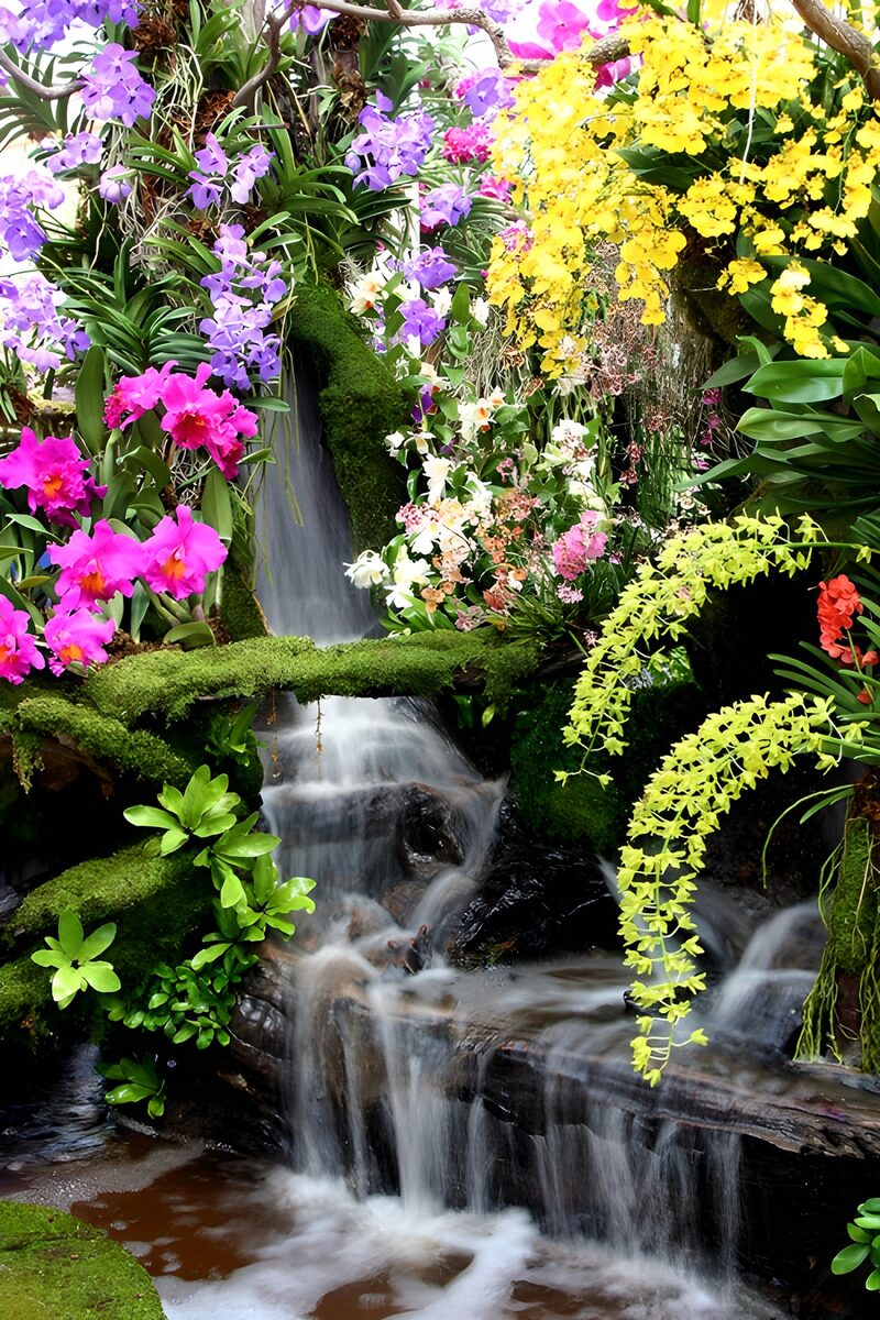 Blühende Oase mit Wasserfall