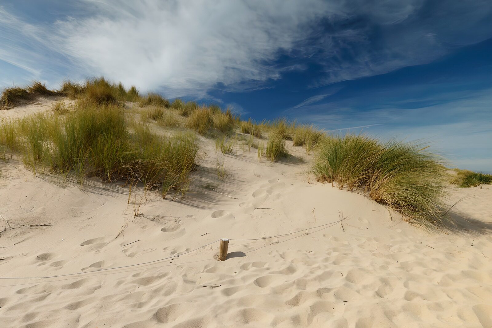 Sanddünen mit Gras unter blauen Himmel