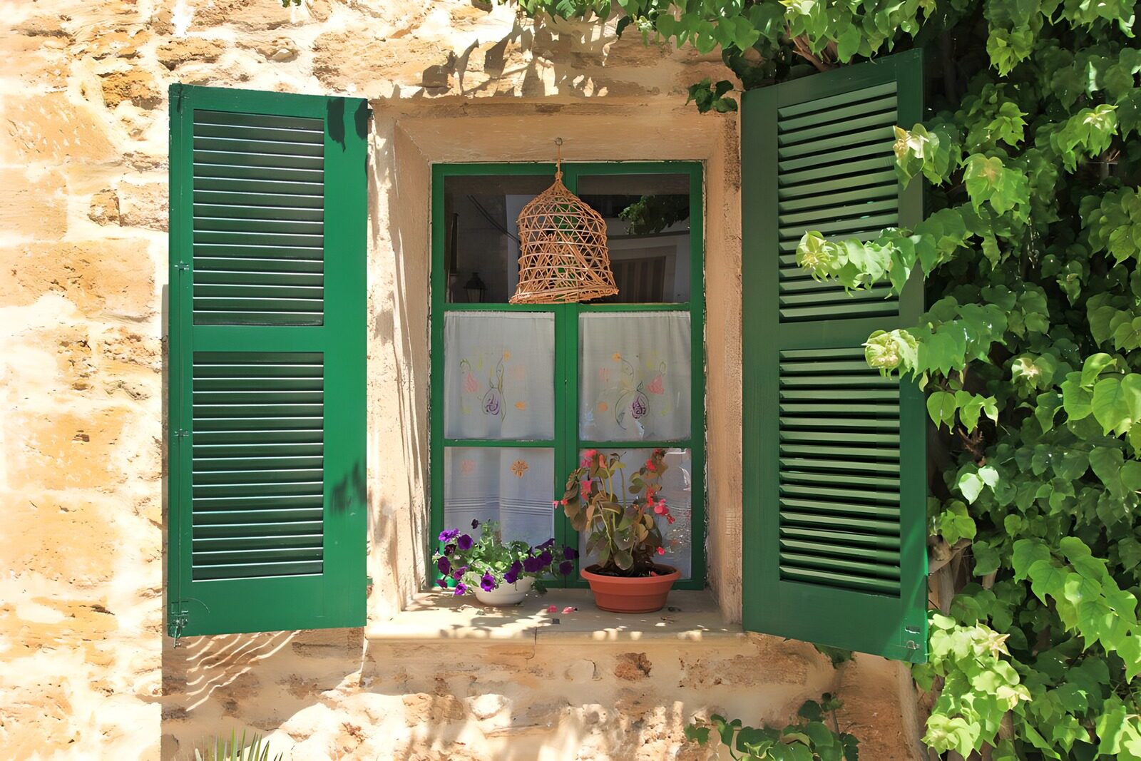 Charmantes Fenster mit grünen Shutters