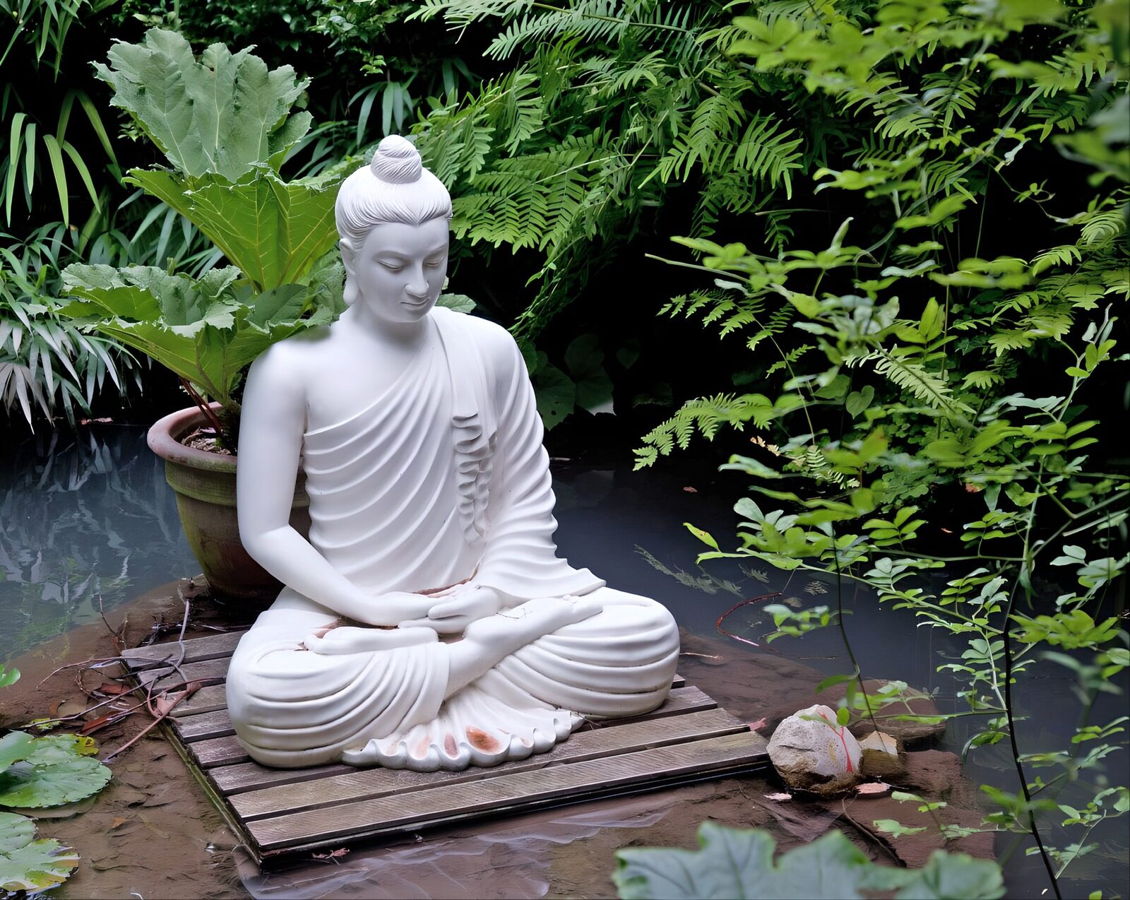 Friedliche Buddha-Statue im Garten