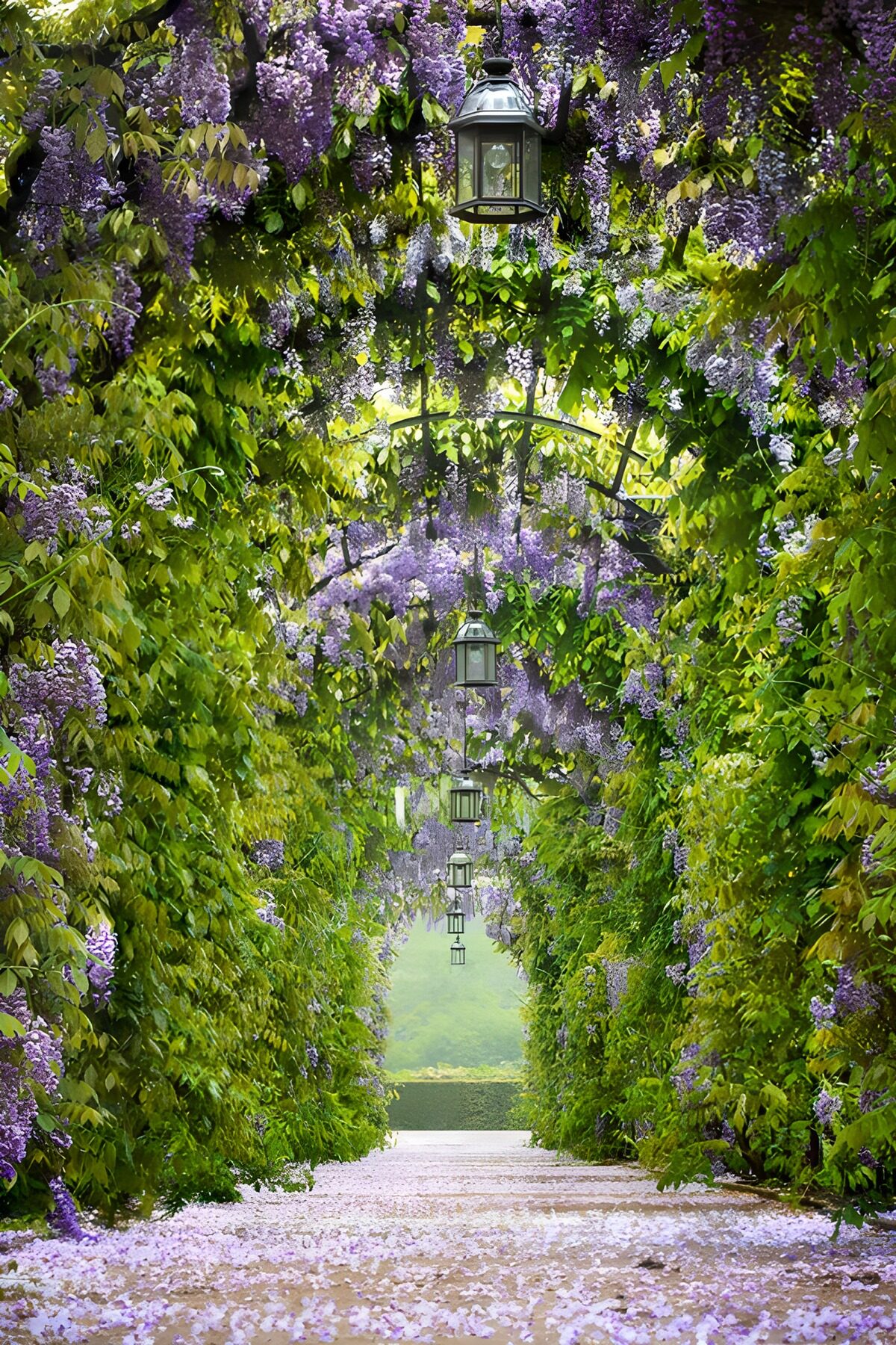 Blütenweg unter lila Wisteria