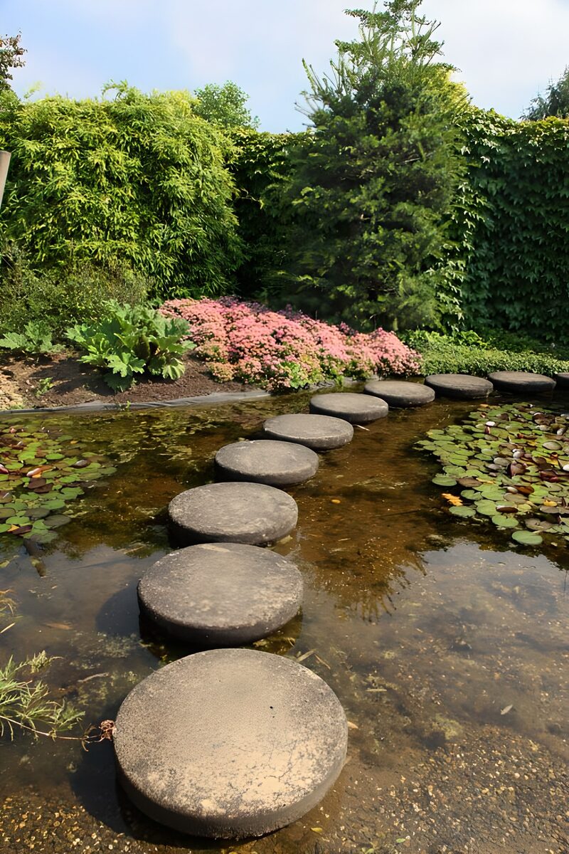 Steg über den ruhigen Gartenteich