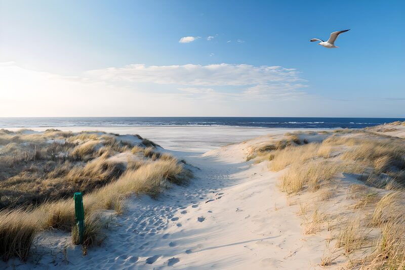 Küstenblick mit Möwe und Dünenlandschaft