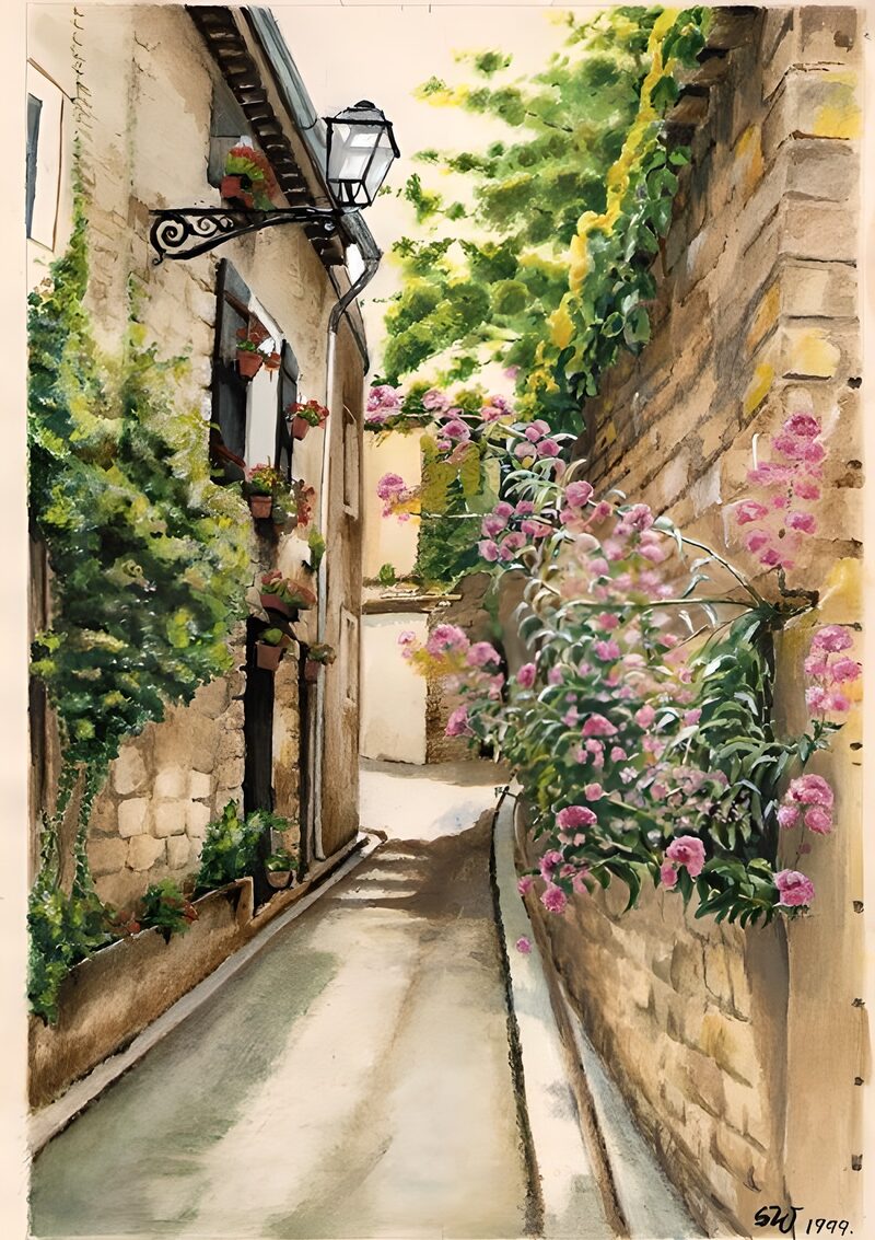 Blumenstraße in einem alten Dorf