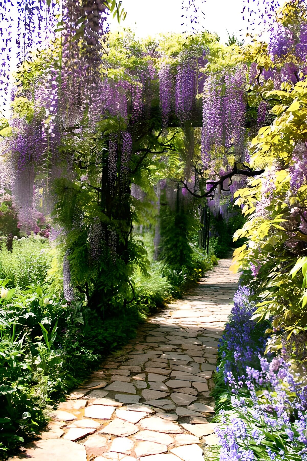 Blühender Wisteria-Pfad im Frühling