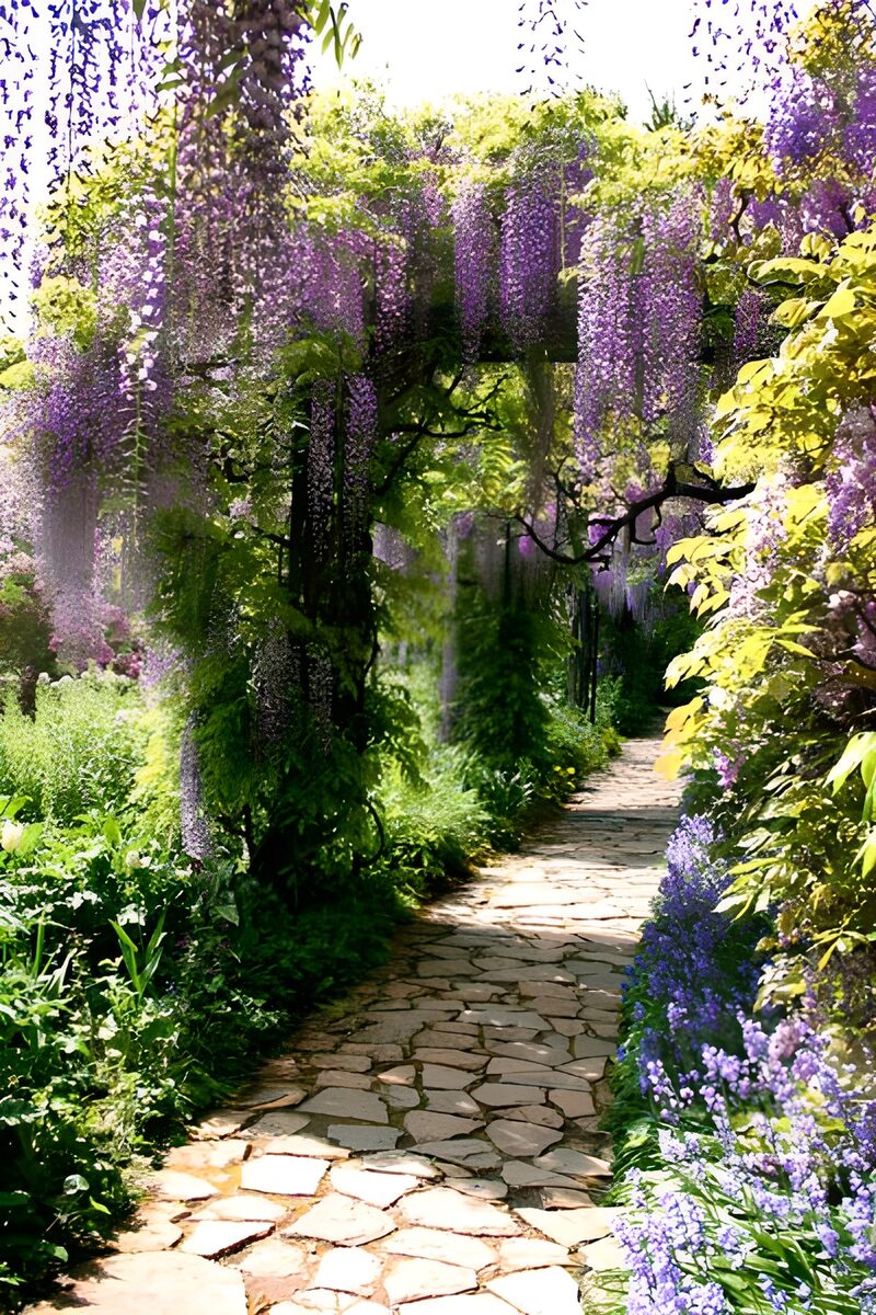 Blühender Wisteria-Pfad im Frühling