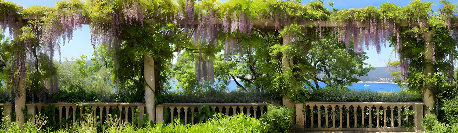 Blühende Pergola mit Aussicht aufs Wasser