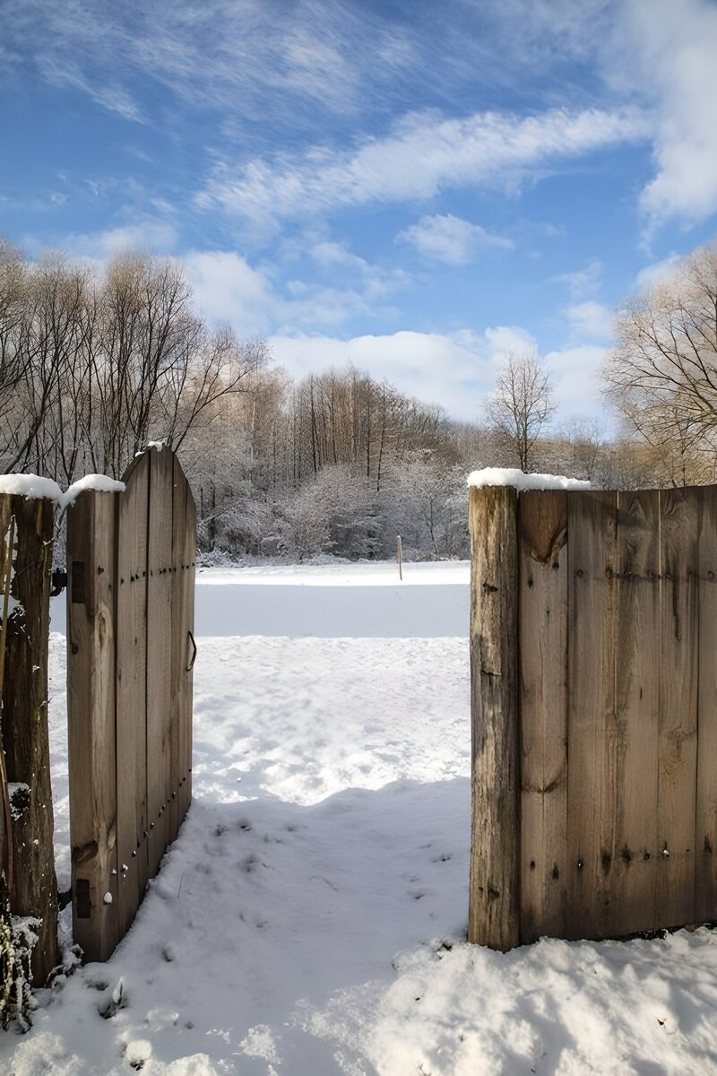 Offene Holztore im Winter